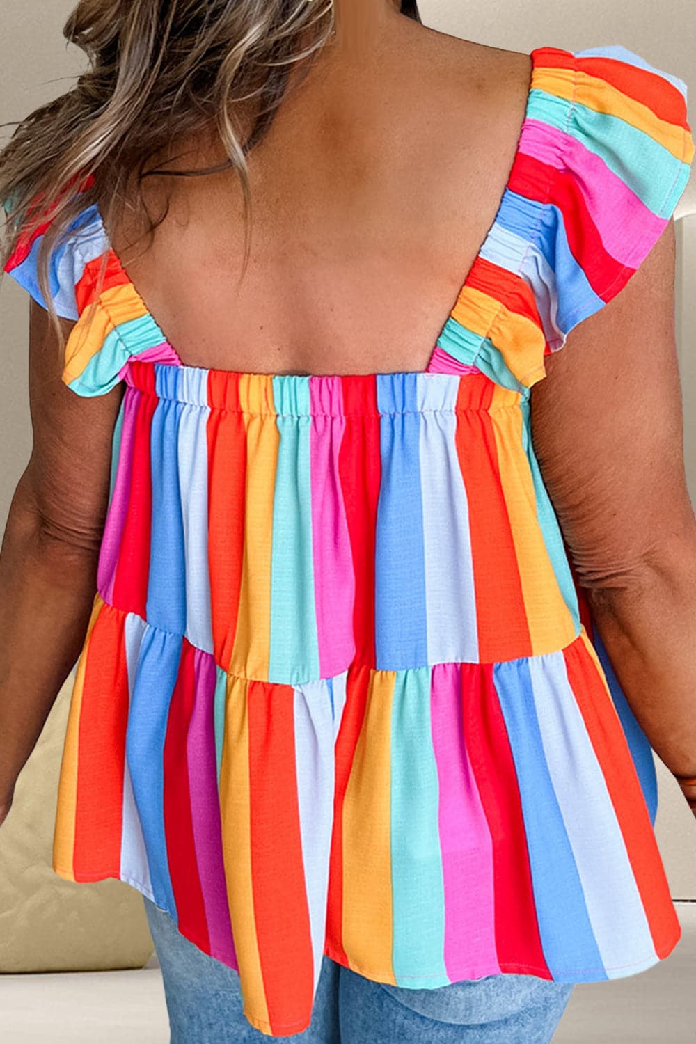 Ruffled Color Block Square Neck Top.