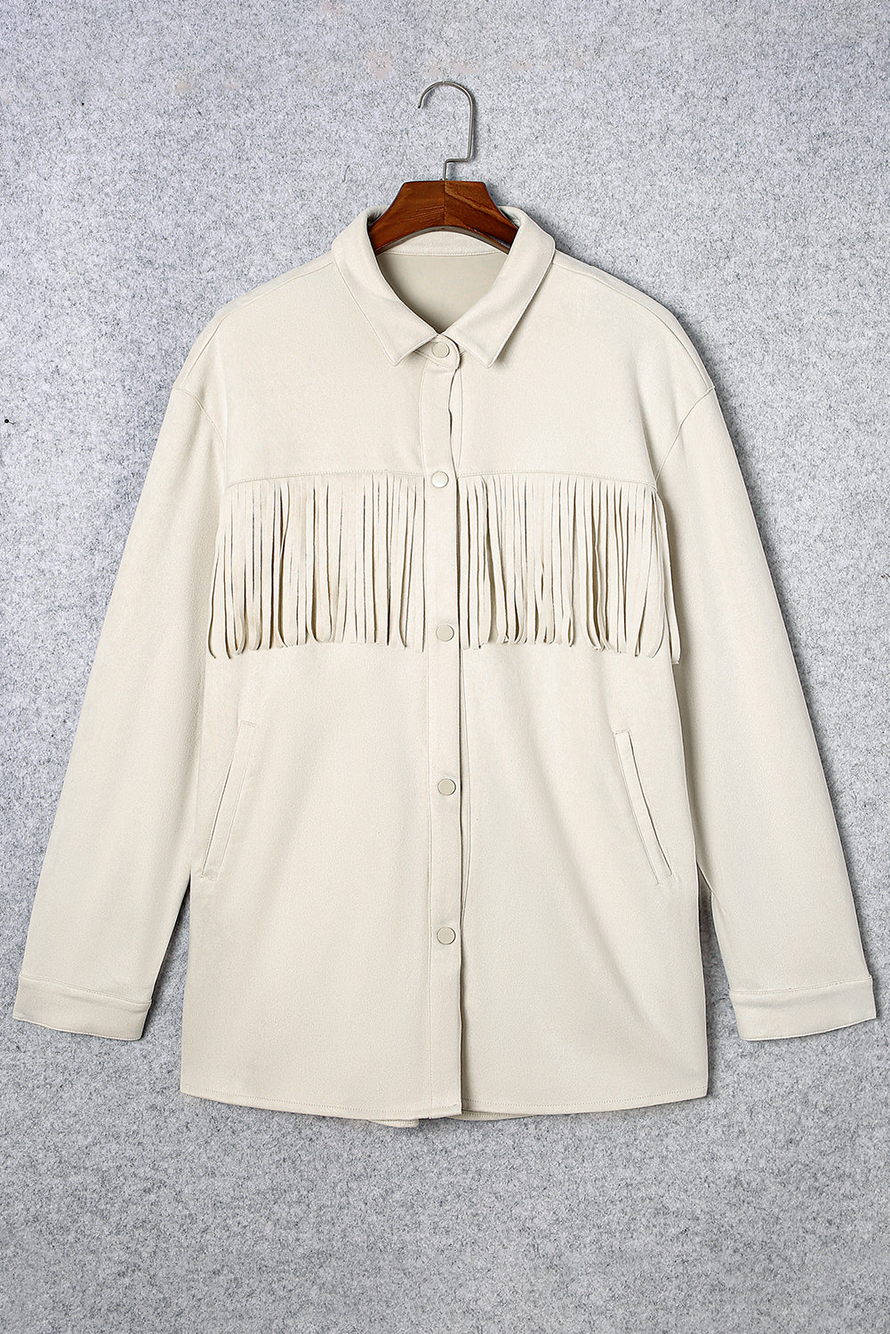 Chic plus size suede shacket with playful fringe detail