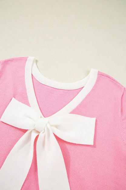 Bow Back Round Neck Short Sleeve Knit Top