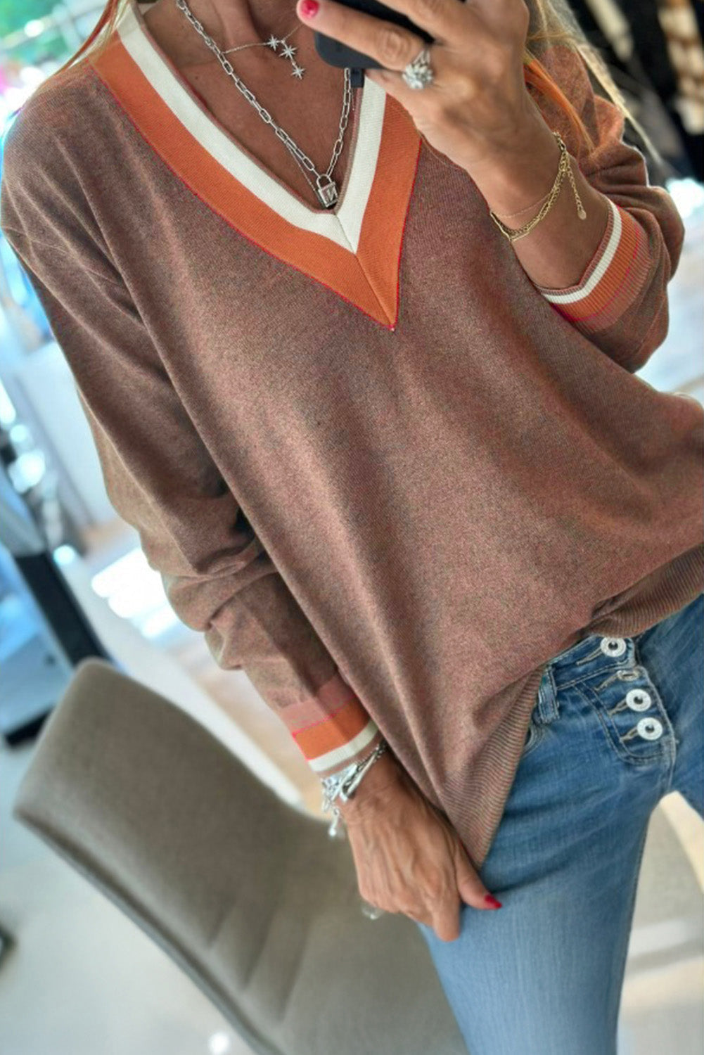 Dark Khaki Varsity Sweater With Contrast Striped Trim V Neck Dear-Lover Dropshipping