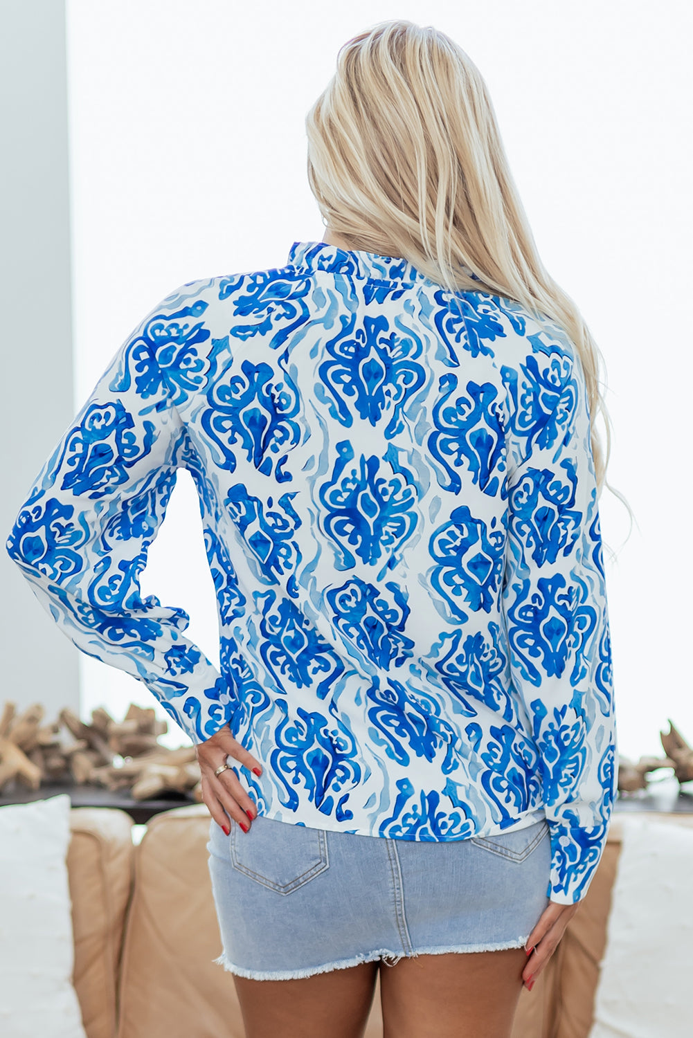 Premium Sky Blue Ethnic Printed Tie Neck Button Puff Sleeve Shirt Dear-Lover Dropshipping