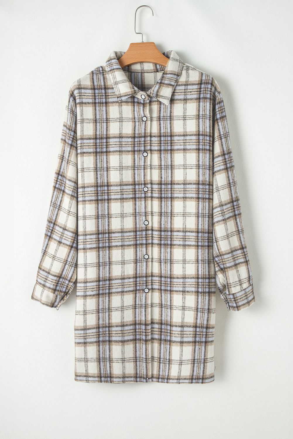 Chic white plaid tunic shacket with stylish side slits in plus sizes