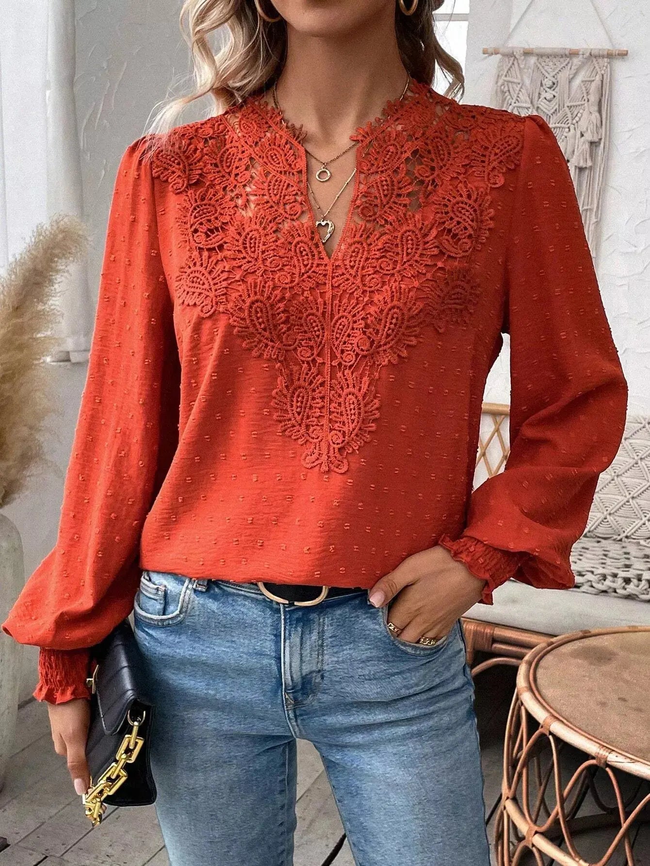 Lace Trim Long Sleeve Blouse Simply Love
