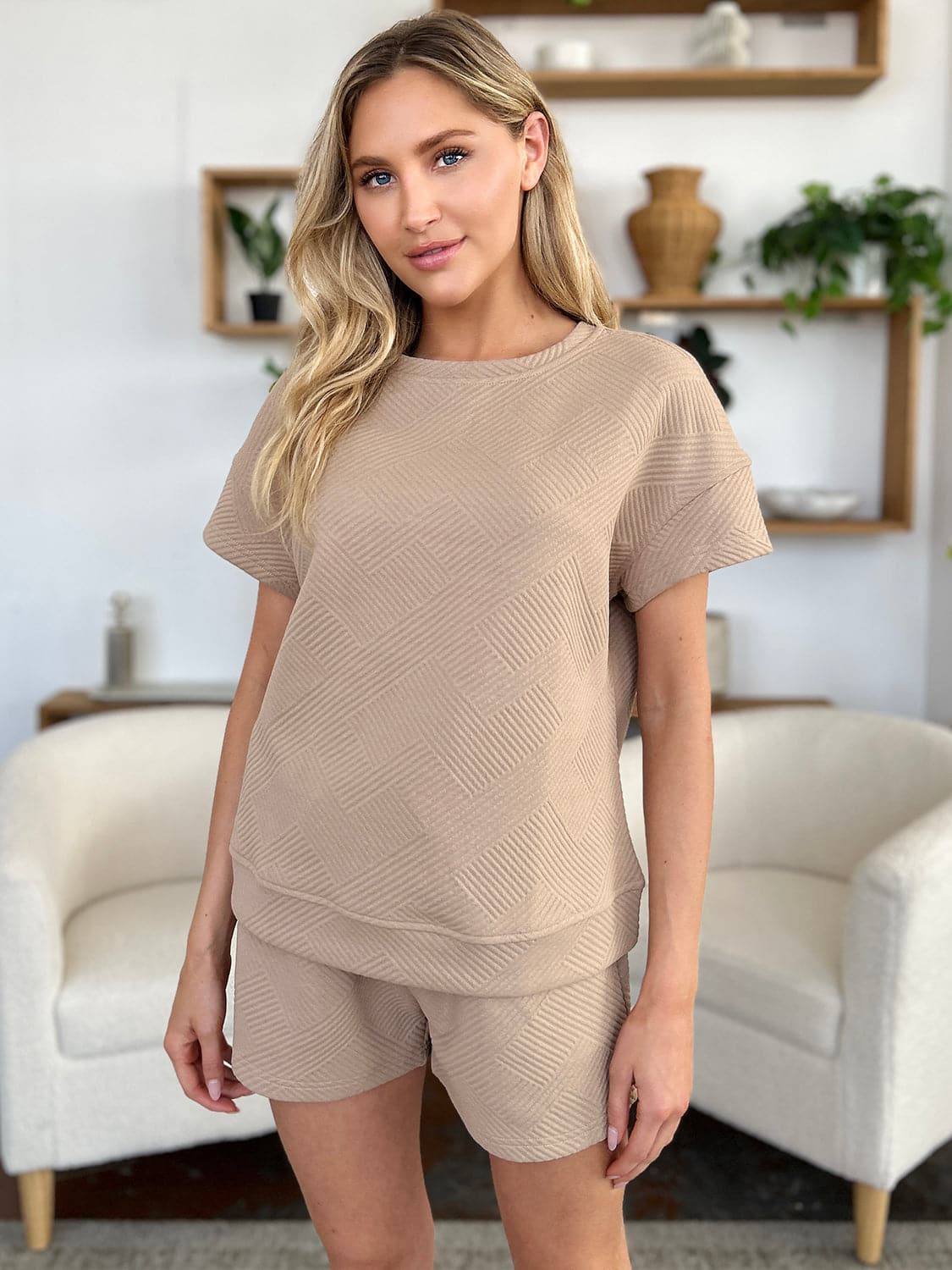 Double Take Full Size Texture Short Sleeve T-Shirt and Drawstring ShorFeatures: Drawstring
Number of pieces: Two-piece
Stretch: Slightly stretchy
Material composition: 97% polyester, 3% spandex
Care instructions: Machine wash cold. TumLove Salve Full Size Texture Short SleeveTwo-Piece Sets