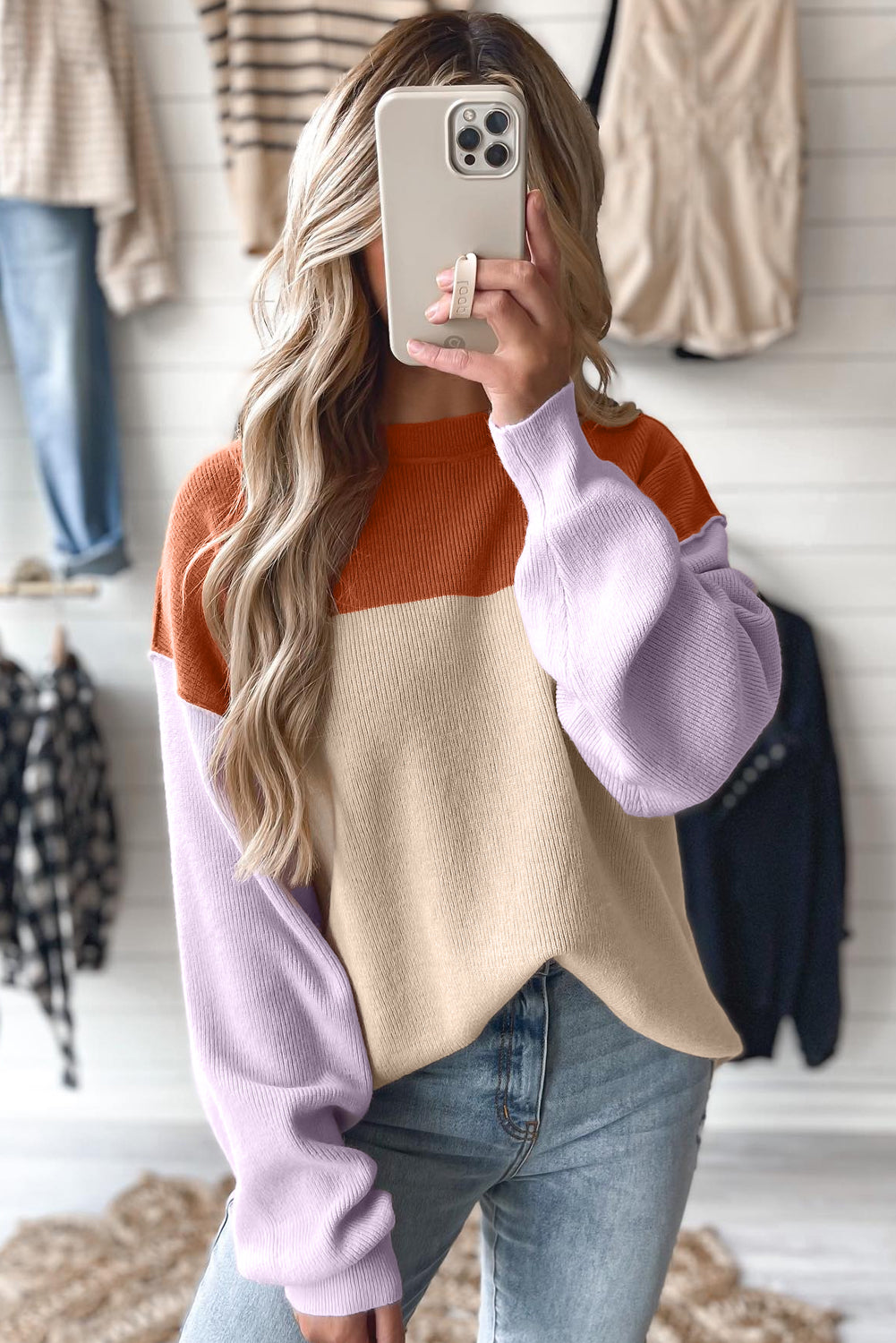 Khaki Color Block Ribbed Knit Baggy Sweater Loose Fit Dear-Lover Dropshipping