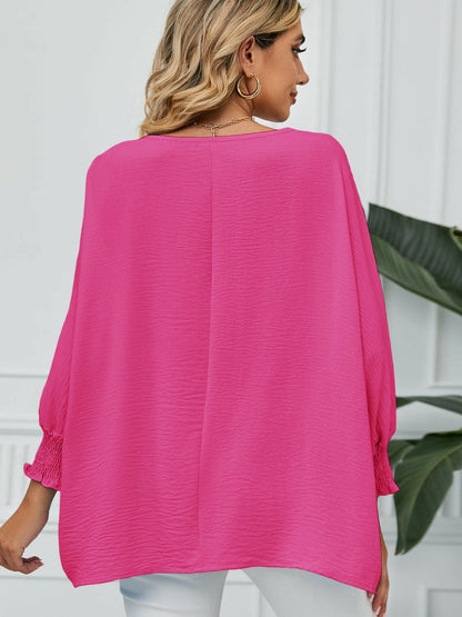 Smocked Lantern Sleeve Round Neck Blouse.