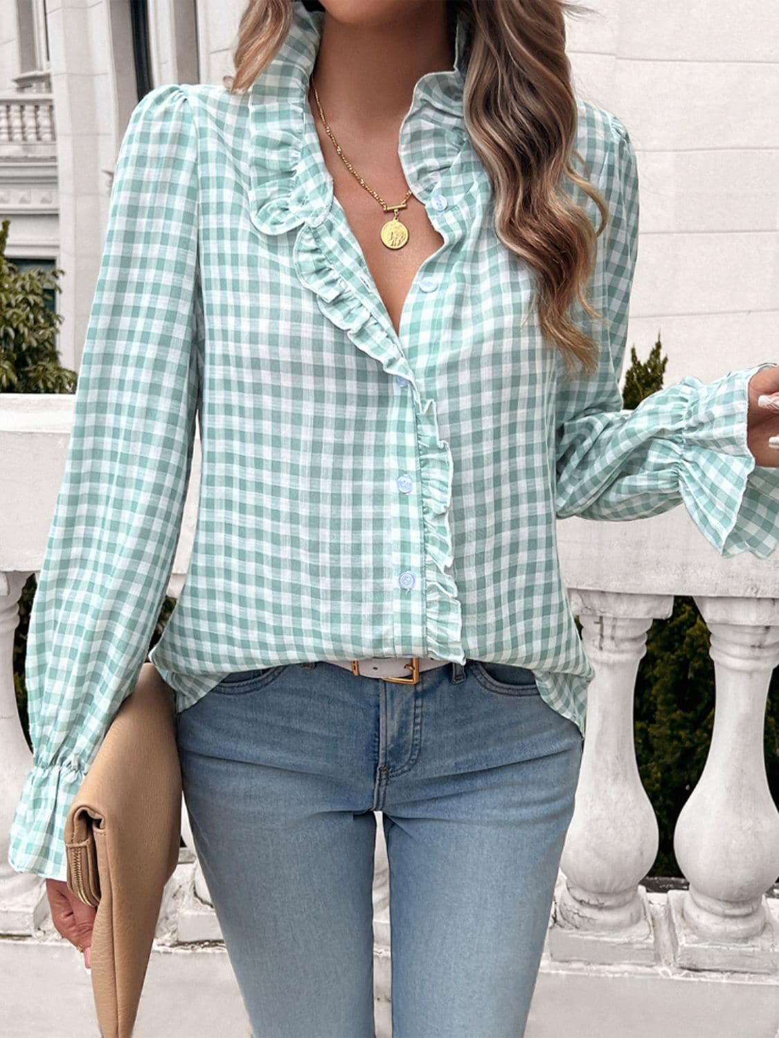 Frill Ruffled Plaid Long Sleeve Shirt.