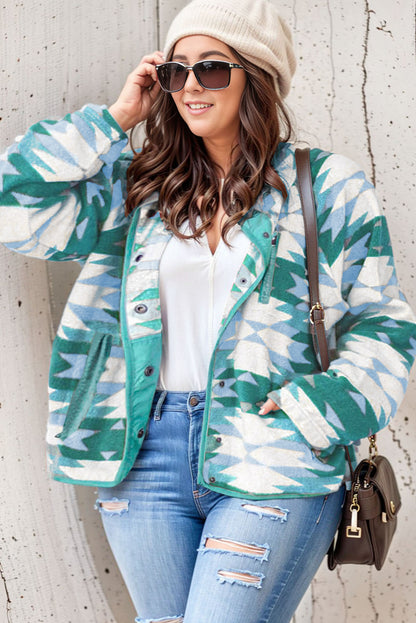 Stylish green Aztec print plus size fleece jacket