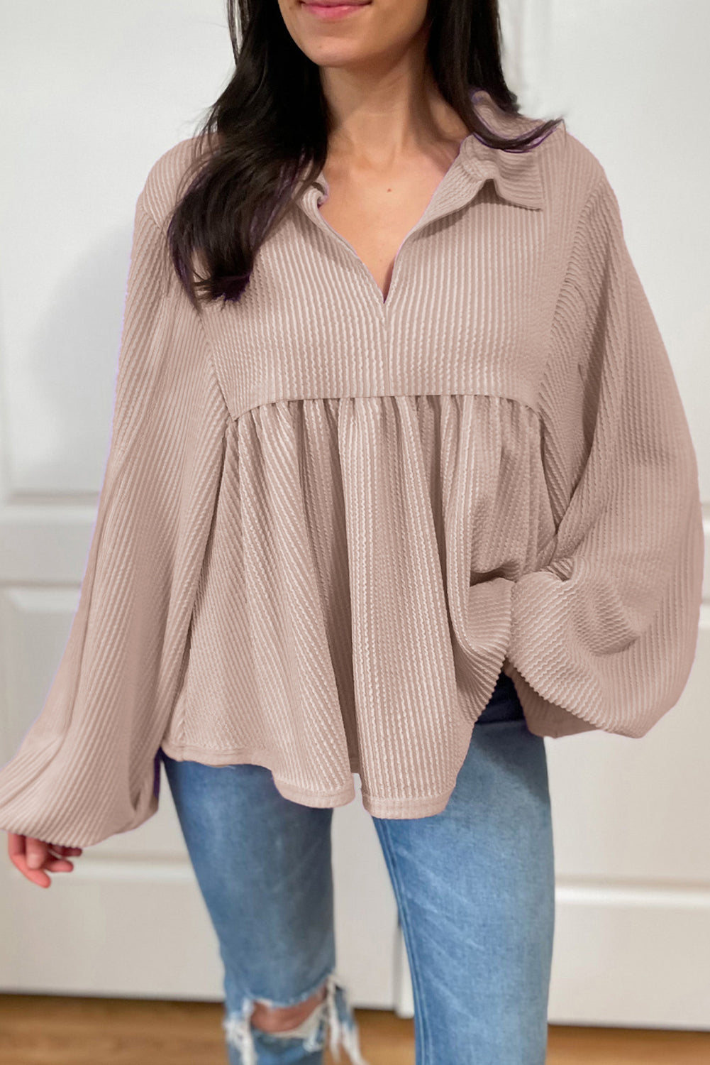 Parchment Corded Turn-down V Neck Bubble Sleeve Babydoll Blouse