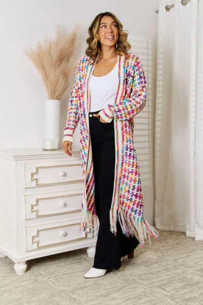 Multicolored Open Front Fringe Hem Cardigan.