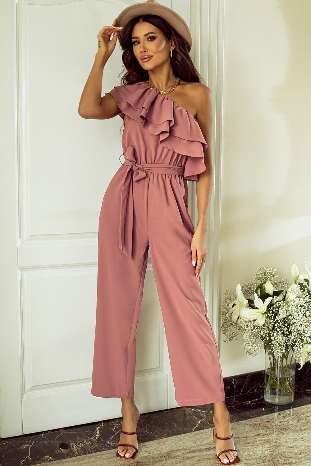 Ruffled Tied One-Shoulder Jumpsuit.