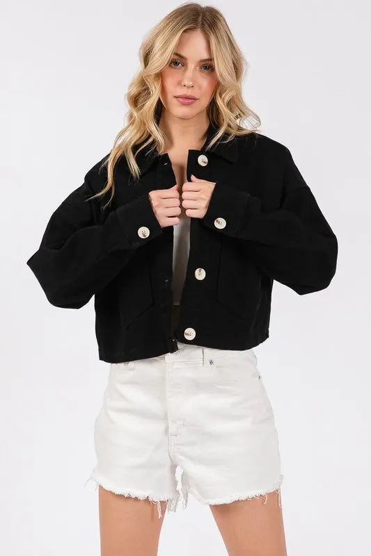 Bytos Button Down Cropped Denim Jacket With Patch Pockets Black Wash - Love Salve 