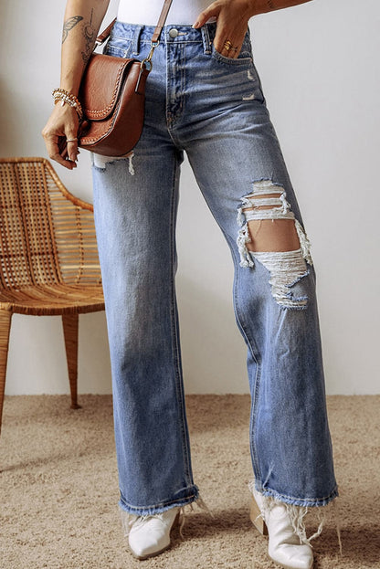 Distressed Straight Leg Jeans with Pockets.