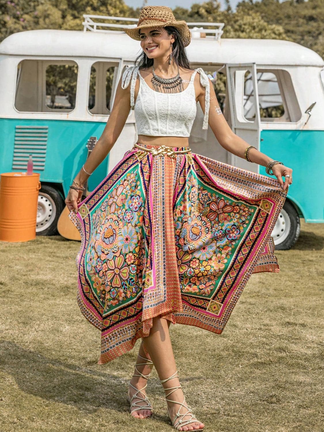 Printed High Waist Handkerchief Hem Skirt.