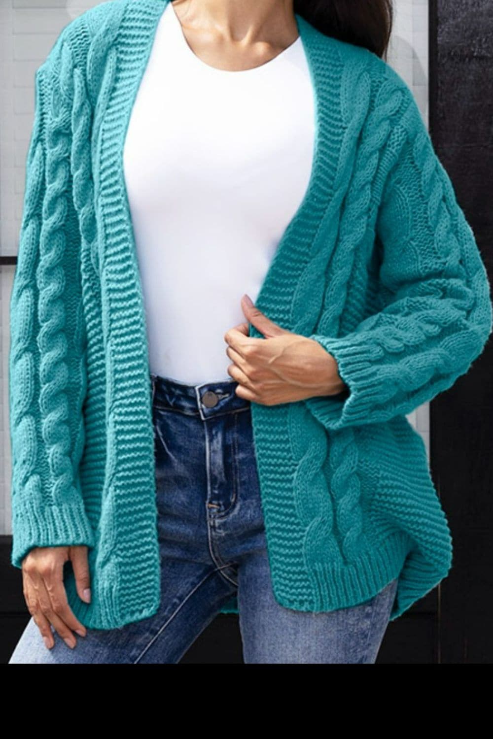 Open Front Cable-Knit Cardigan.