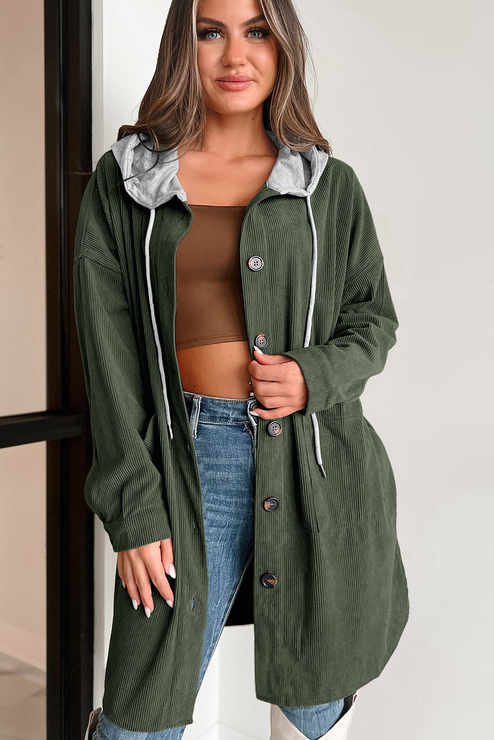 Jungle Green Corduroy Hooded Shacket