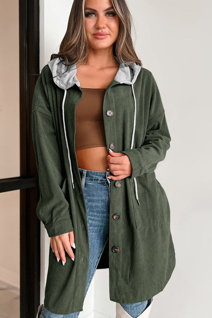 Jungle Green Corduroy Hooded Shacket with Contrast Details