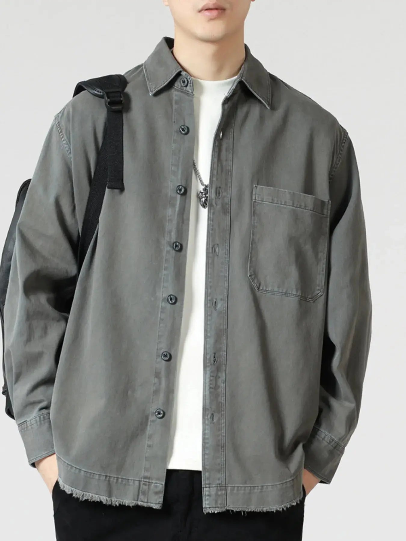 Mens Oversized Button Up Long Sleeve Shirt Gray Cotton Spandex Blend Simply Love
