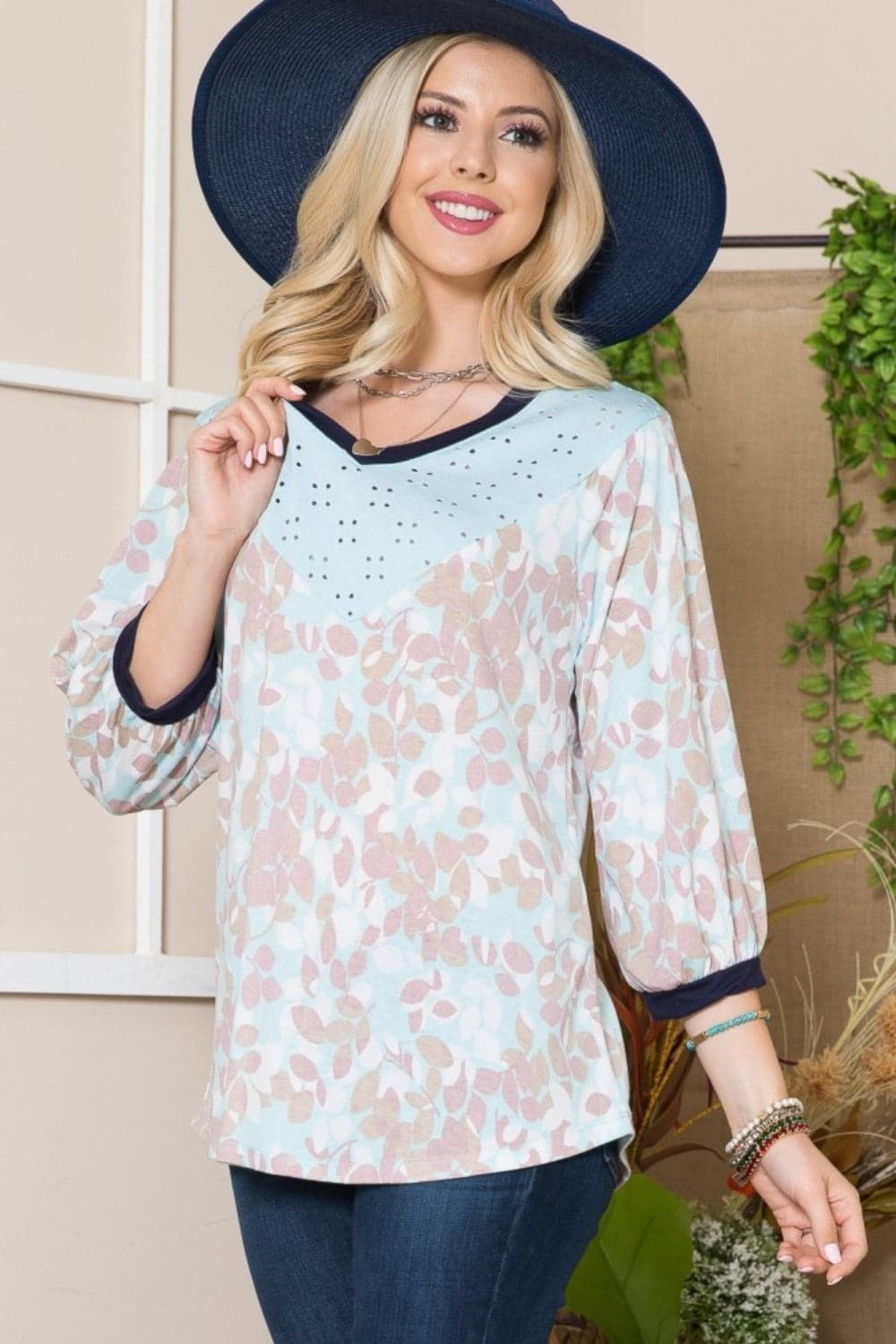 Celeste Full Size Leaf Print Contrast Trim Balloon Sleeve Top.