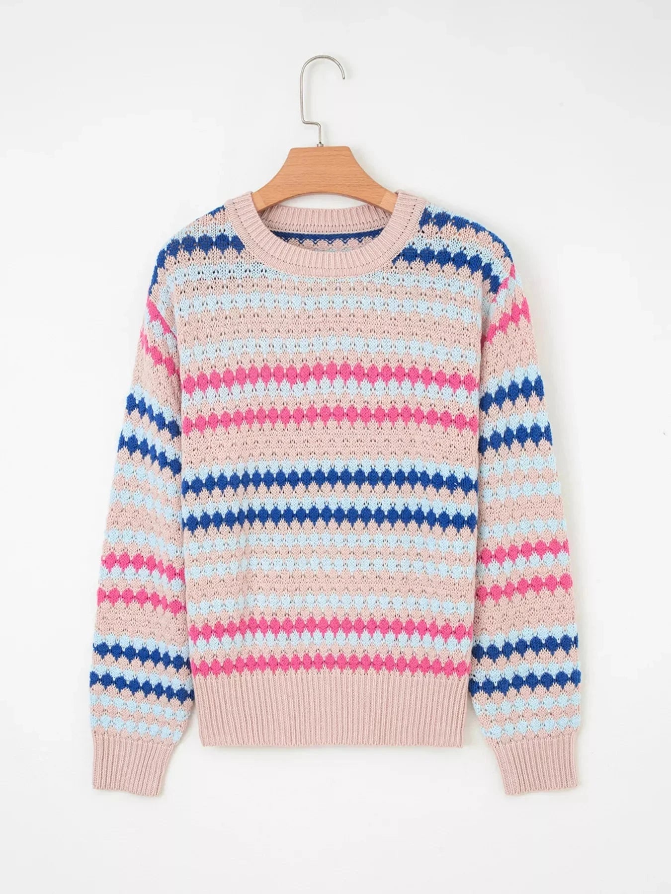 Stripe Eyelet Patterned Drop Shoulder Sweater Coco’s Tee Boutique