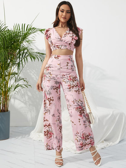 Printed Surplice Cap Sleeve Top and Pants Set.