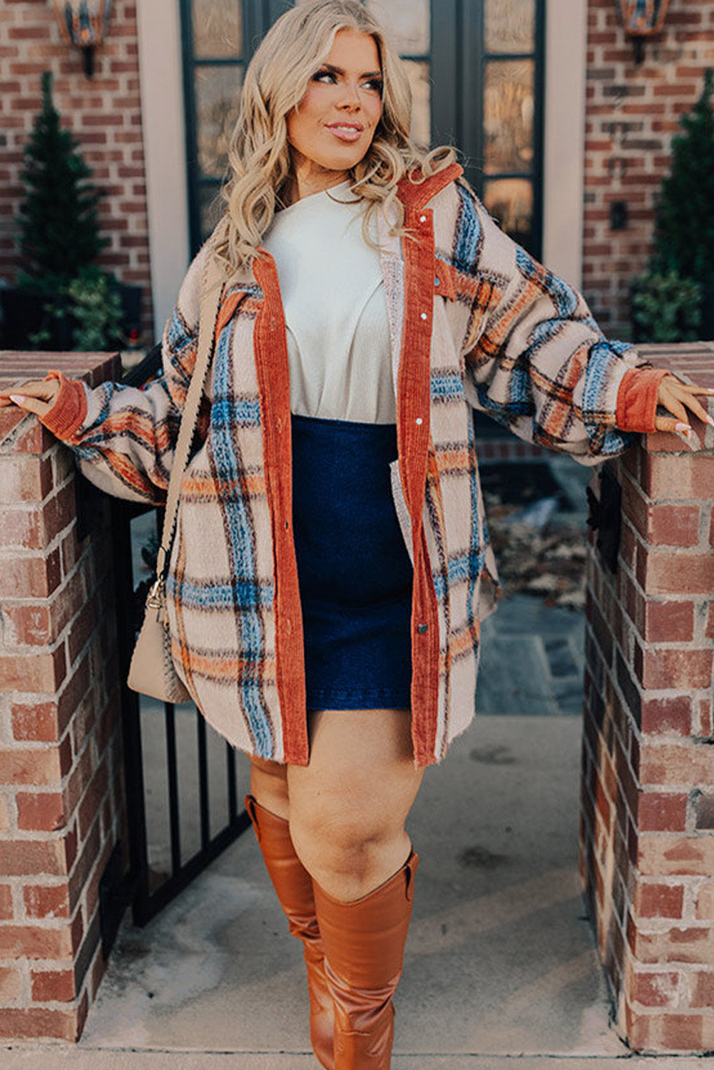 Brown stripe plus size plaid jacket