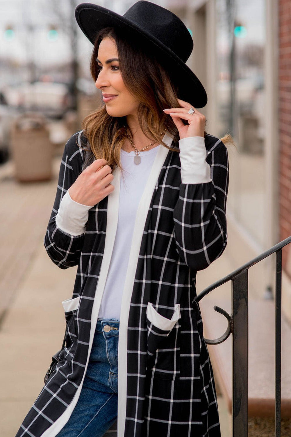 Plaid Colorblock Open Front Cardigan with Pockets in Black