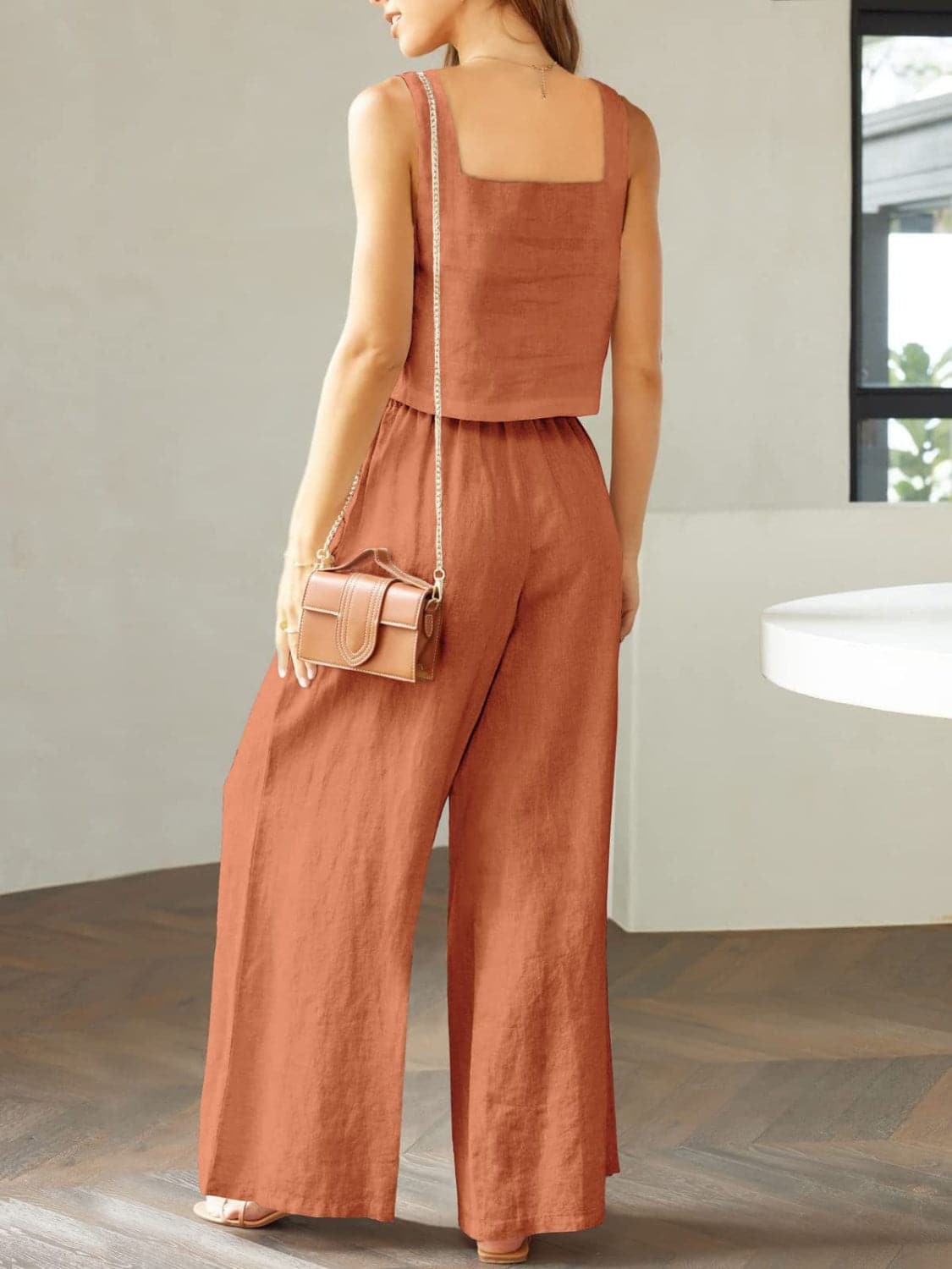 Square Neck Top and Wide Leg Pants Set.