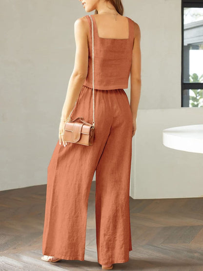 Square Neck Top and Wide Leg Pants Set.