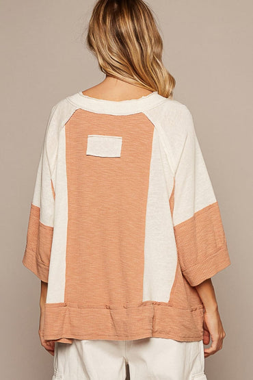 POL Notched Frayed Edge Contrast Top.