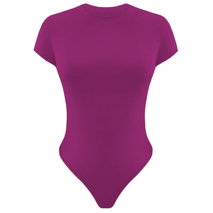 Solid Color Bottoming WomenClothing Basic Casual Short Sleeve round Neck Tight Bodysuit Summer