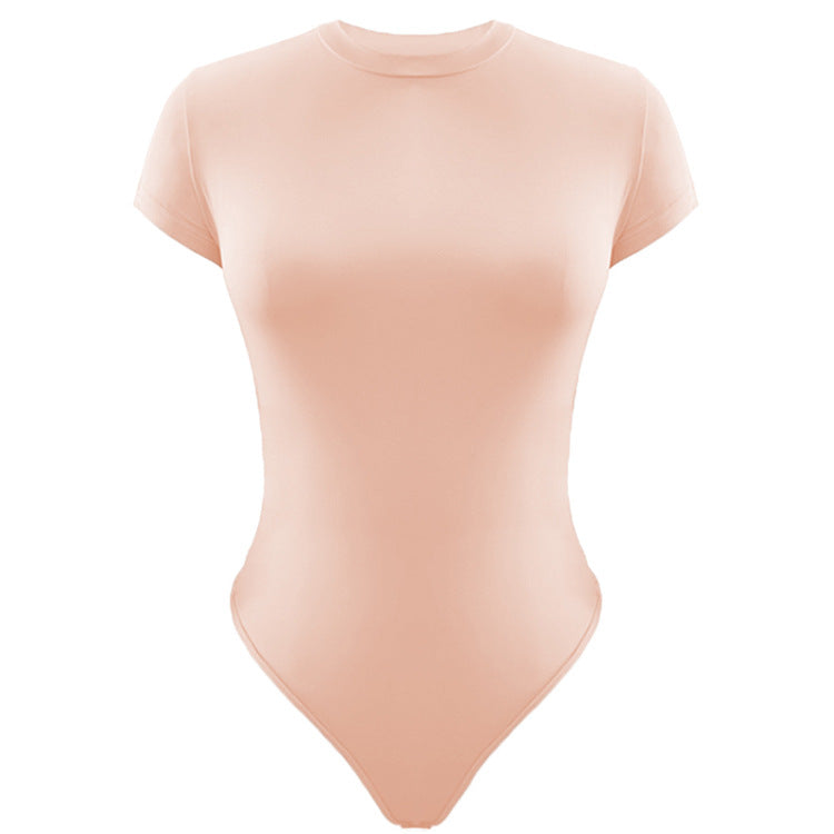 Solid Color Bottoming WomenClothing Basic Casual Short Sleeve round Neck Tight Bodysuit Summer Bella Mia