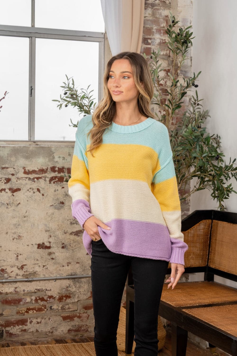 Sew In Love vibrant color block sweater with exposed seams