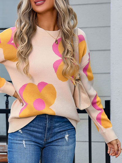 Floral print round neck long sleeve pullover sweater