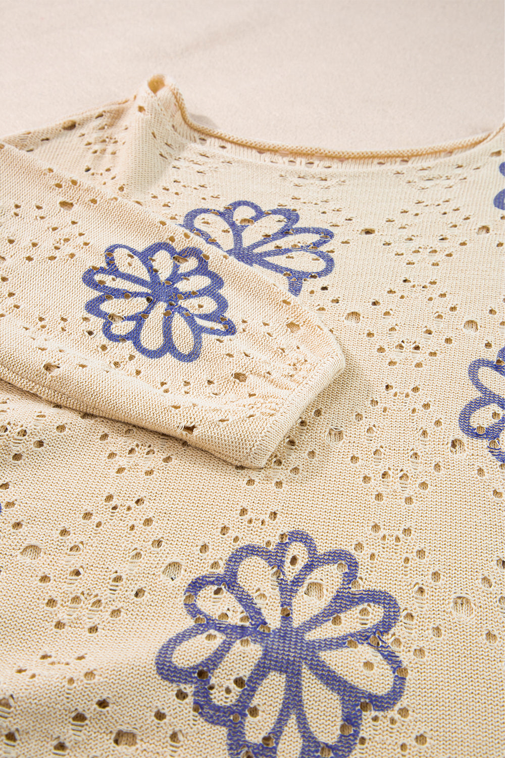 Beige floral eyelet drop shoulder sweater with contrast print