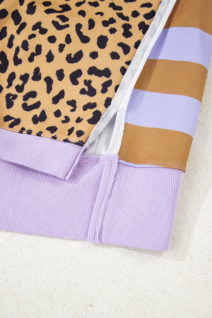 Premium Purple Leopard Striped Patchwork Plus Size Loose Sweatshirt
