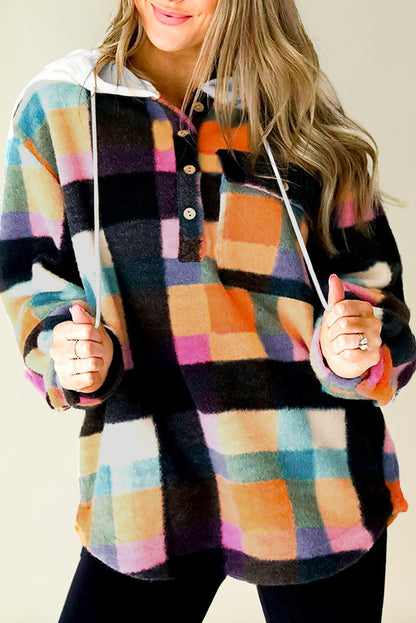 Colorful plaid buttoned hoodie with flap pockets