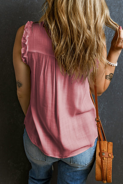 Chic pink ruffled tank top with buttoned neck detail