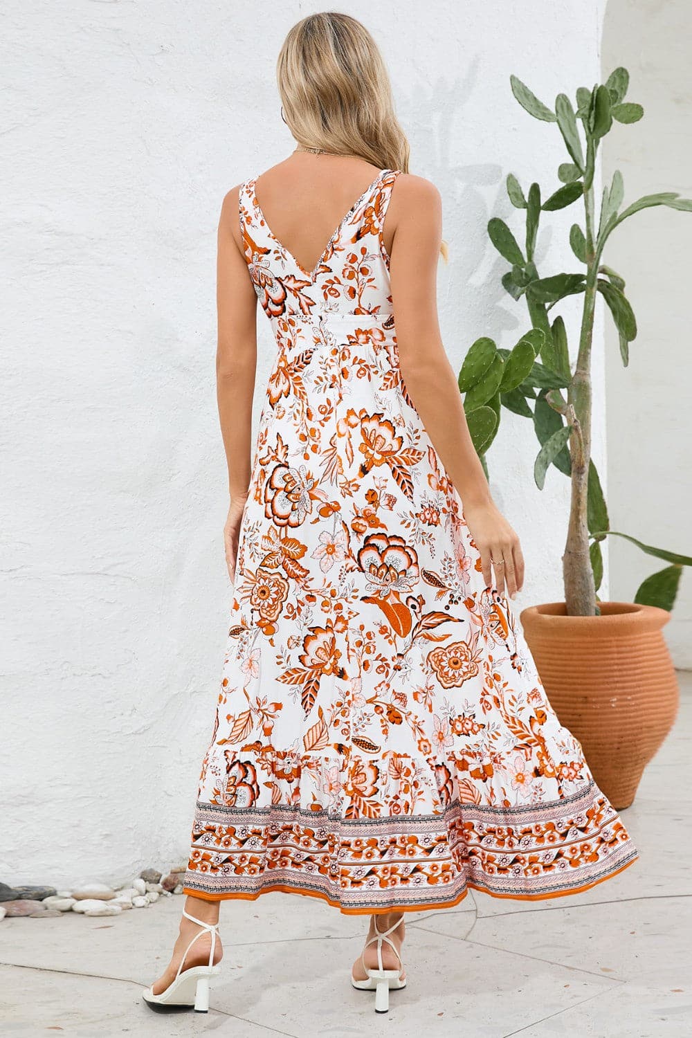 Printed V-Neck Wide Strap Dress.