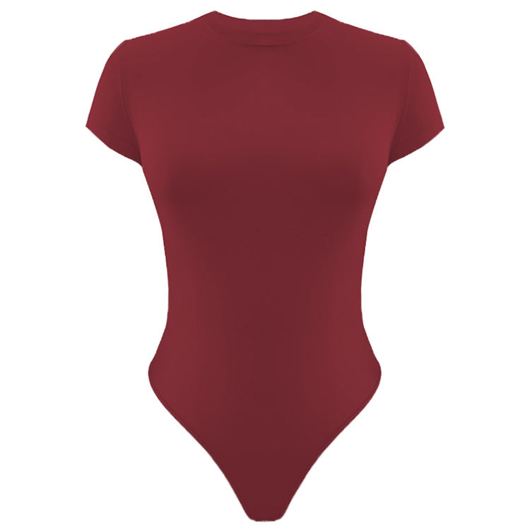 Solid Color Bottoming WomenClothing Basic Casual Short Sleeve round Neck Tight Bodysuit Summer