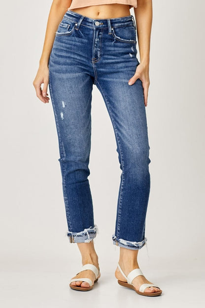 Risen Full Size High-Rise Frayed Cuffed Straight Jeans.