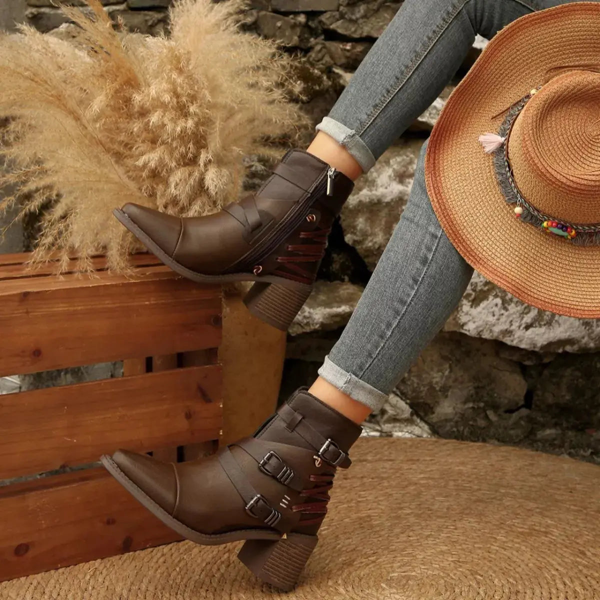 Point Toe Buckle Strap Ankle Boots with Block Heels Simply Love