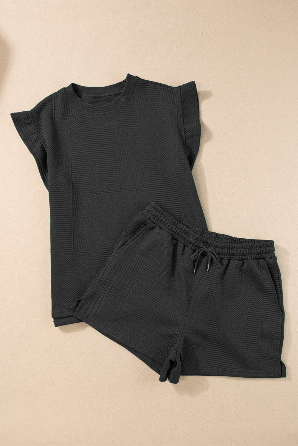 Slit Round Neck Top and Drawstring Shorts Set.