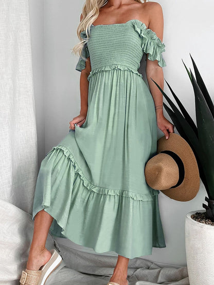 Frill Smocked Off-Shoulder Ruffle Sleeve Dress.