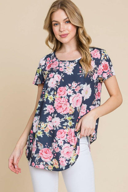 BOMBOM Floral Round Neck Short Sleeve T-Shirt.