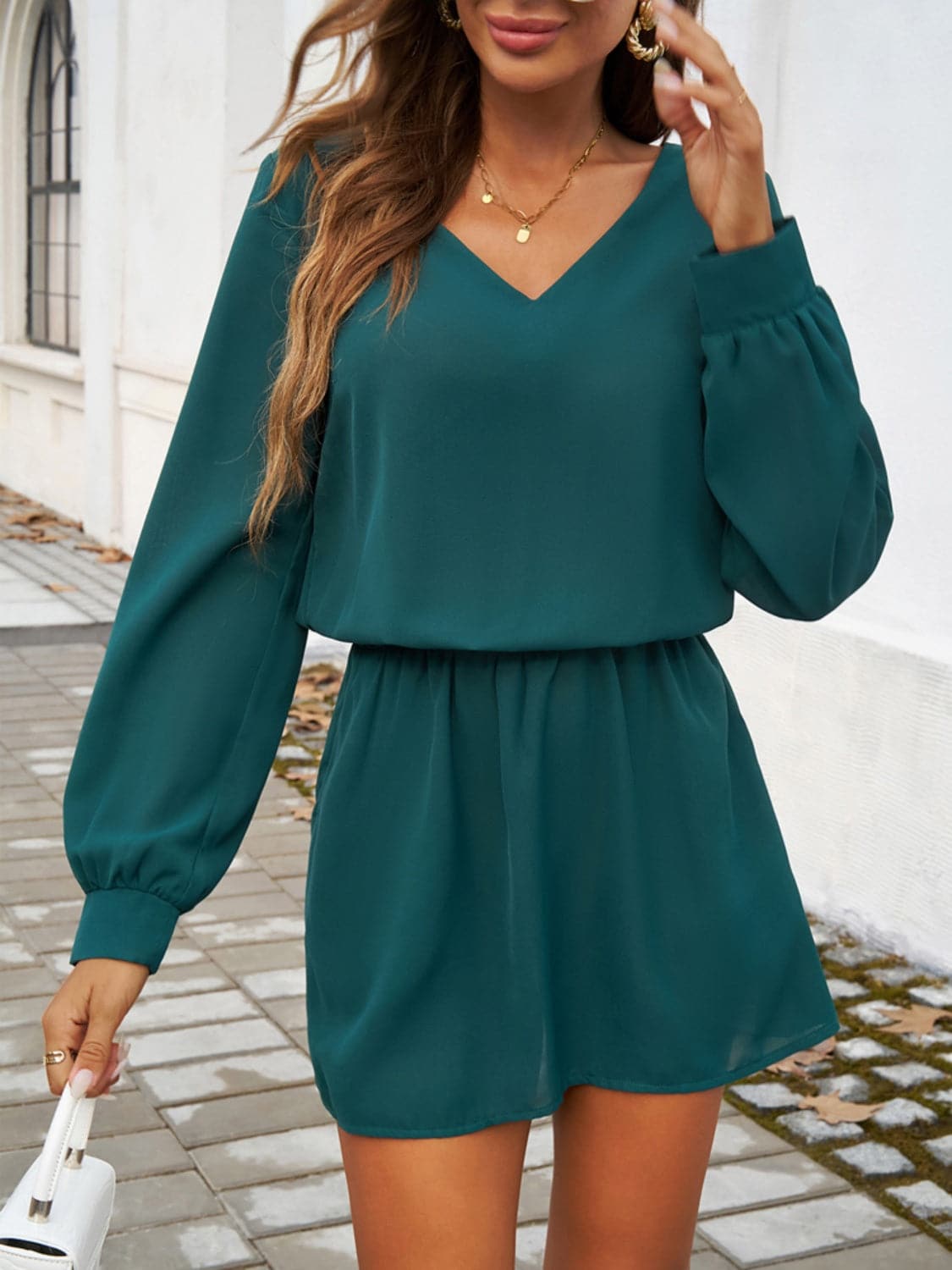 Cutout V-Neck Long Sleeve Mini Dress.