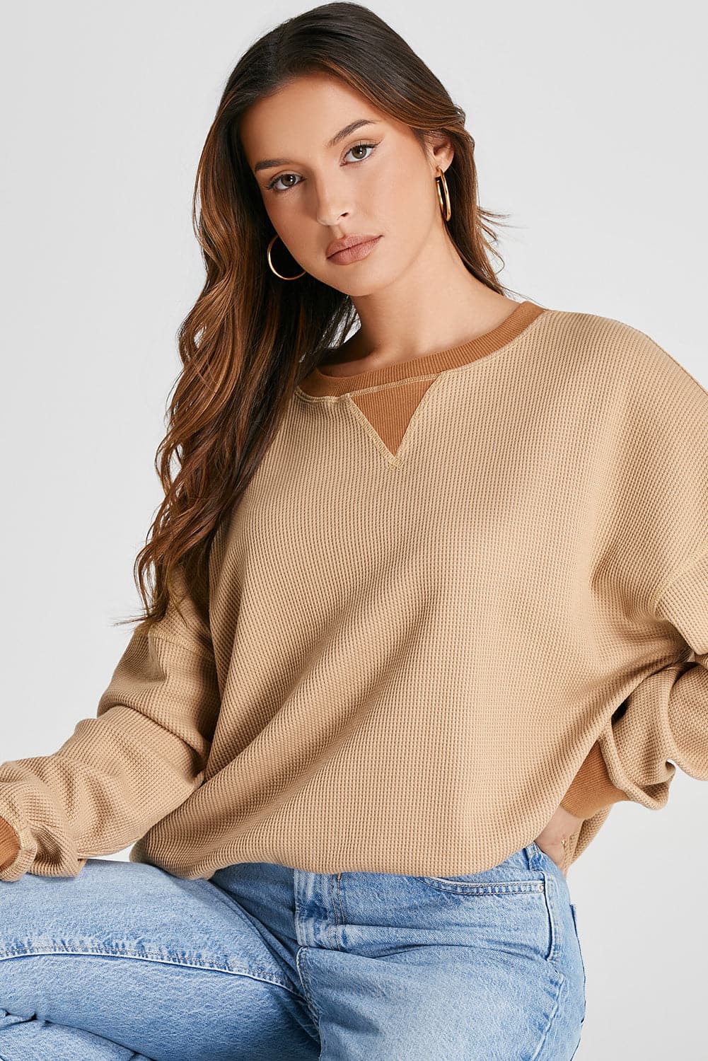 Waffle-Knit Long Sleeve Sweatshirt.