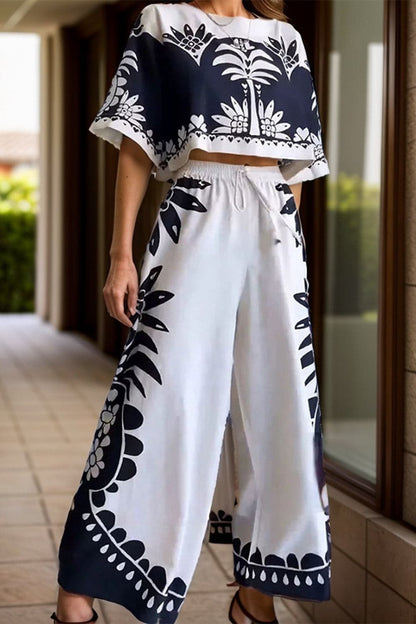 Printed Half Sleeve Top and Wide Leg Pants Set.