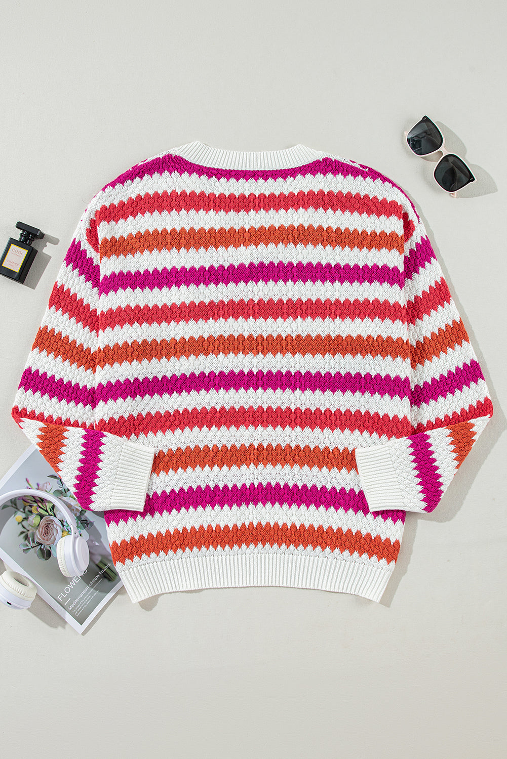 Chic pink striped v-neck plus size sweater with drop shoulders