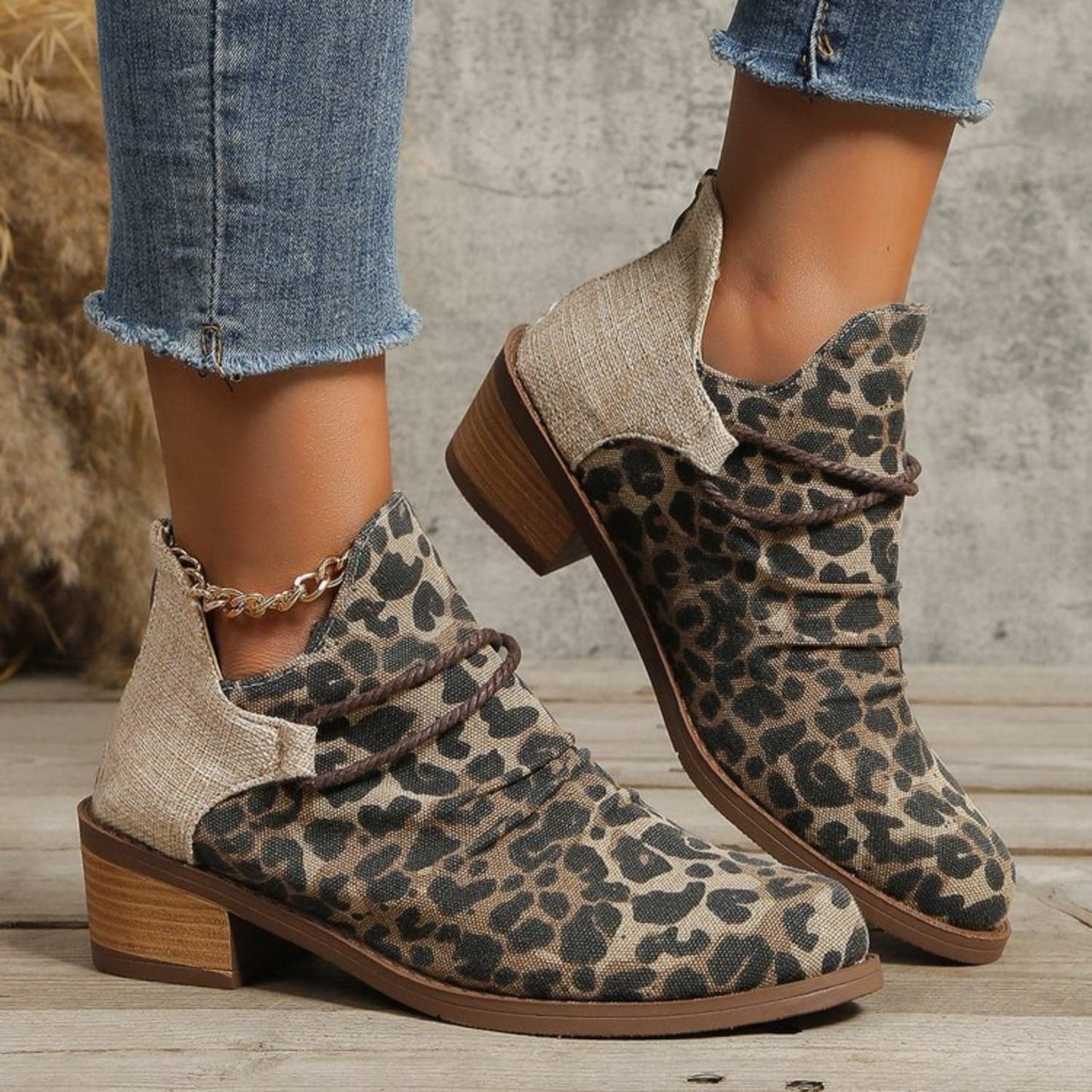 Contrast Canvas Low Heel Boots.